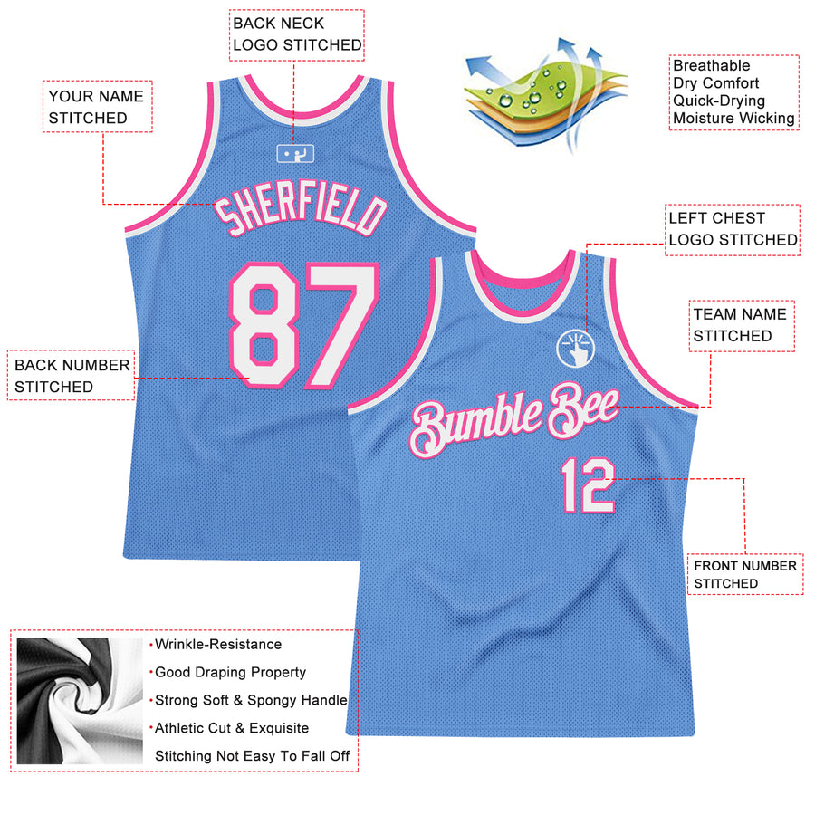 Custom Light Blue White-Pink Authentic Throwback Basketball Jersey