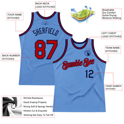 Custom Light Blue Red-Navy Authentic Throwback Basketball Jersey