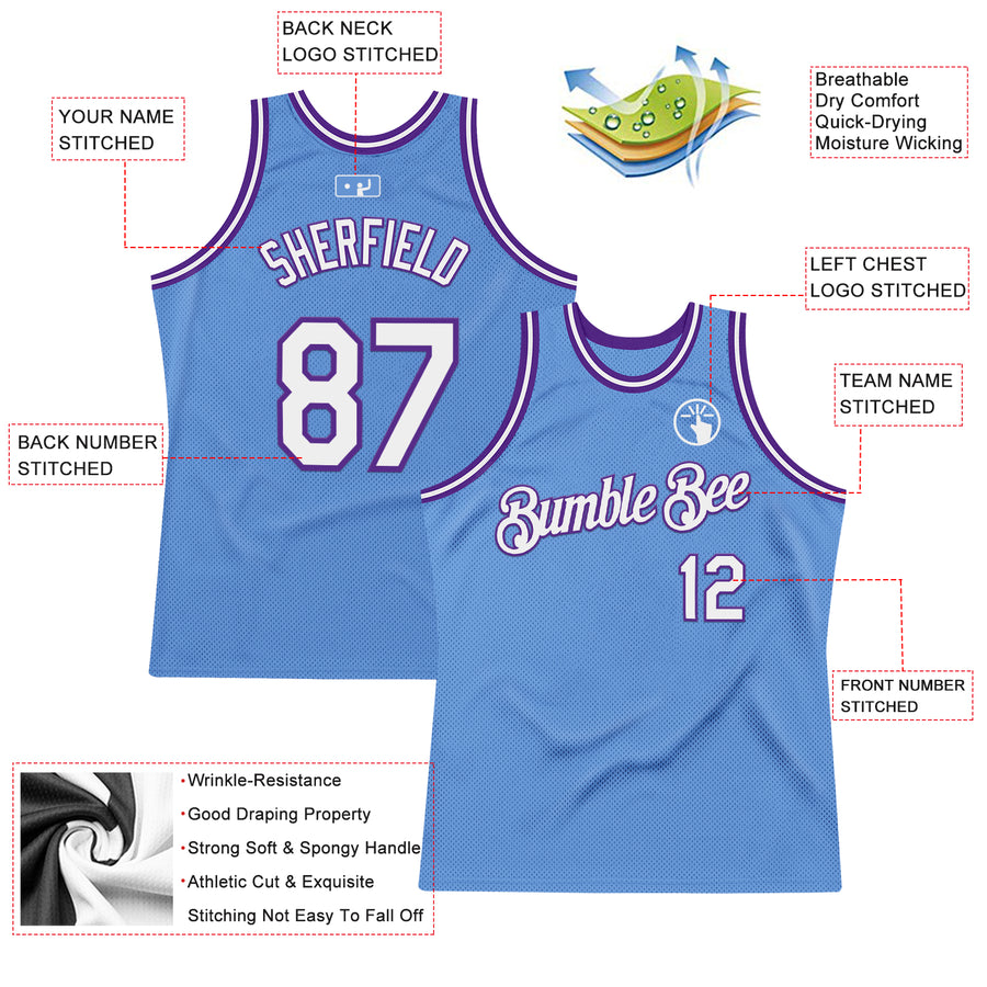 Custom Light Blue White-Purple Authentic Throwback Basketball Jersey