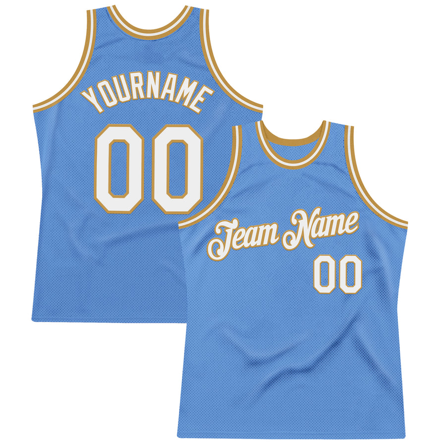 Custom Light Blue White-Old Gold Authentic Throwback Basketball Jersey
