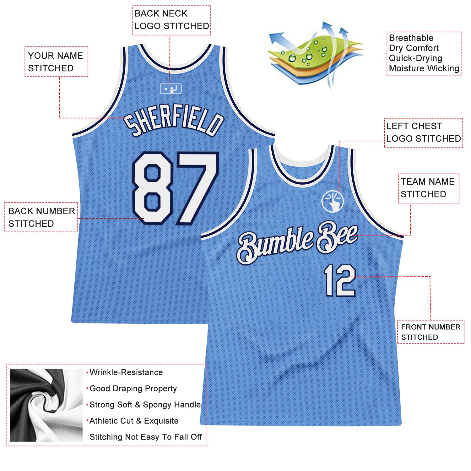 Custom Light Blue White-Navy Authentic Throwback Basketball Jersey