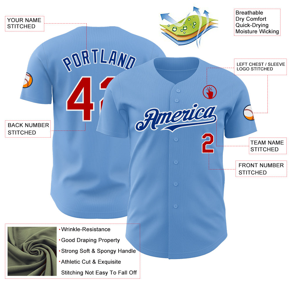 Custom Light Blue Red White-Royal Authentic Baseball Jersey