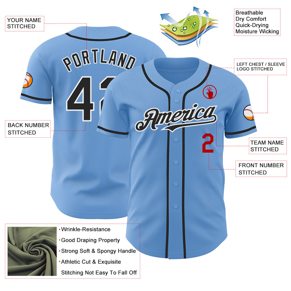 Custom Light Blue Black White-Red Authentic Baseball Jersey