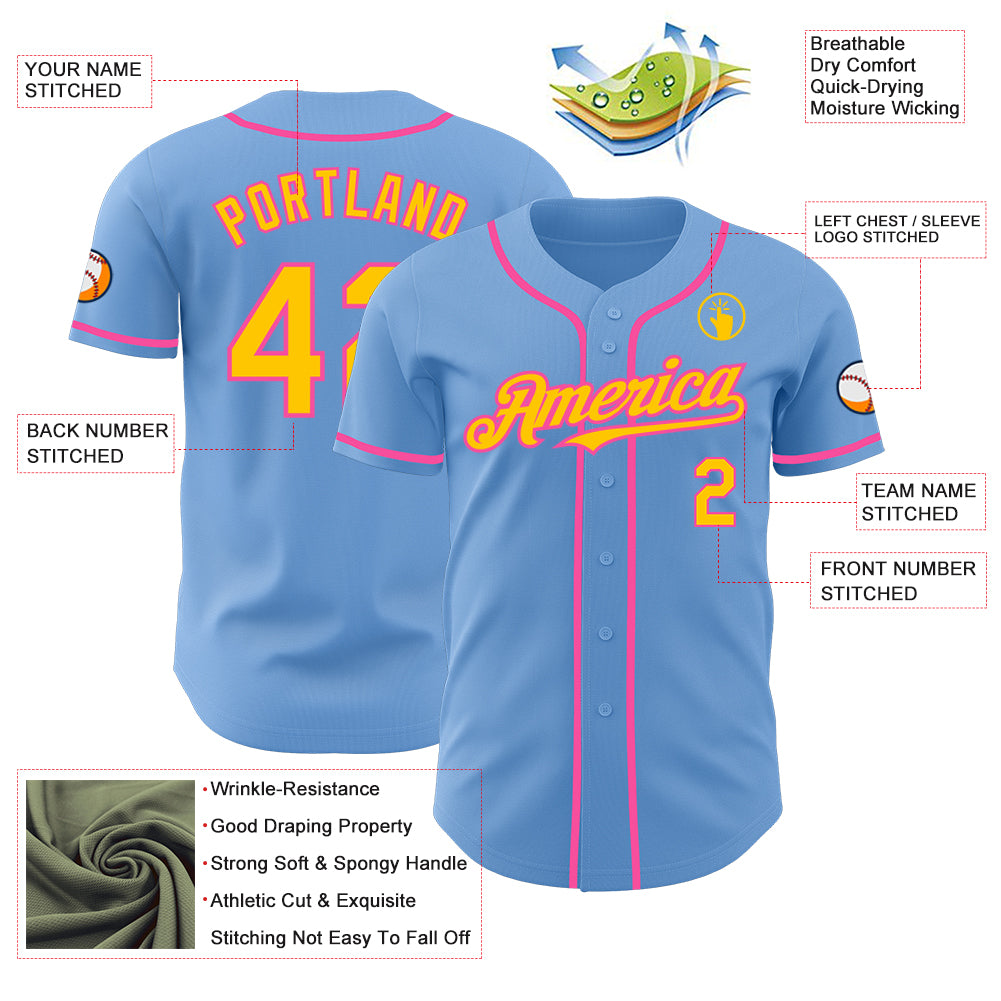 Custom Light Blue Yellow-Pink Authentic Baseball Jersey