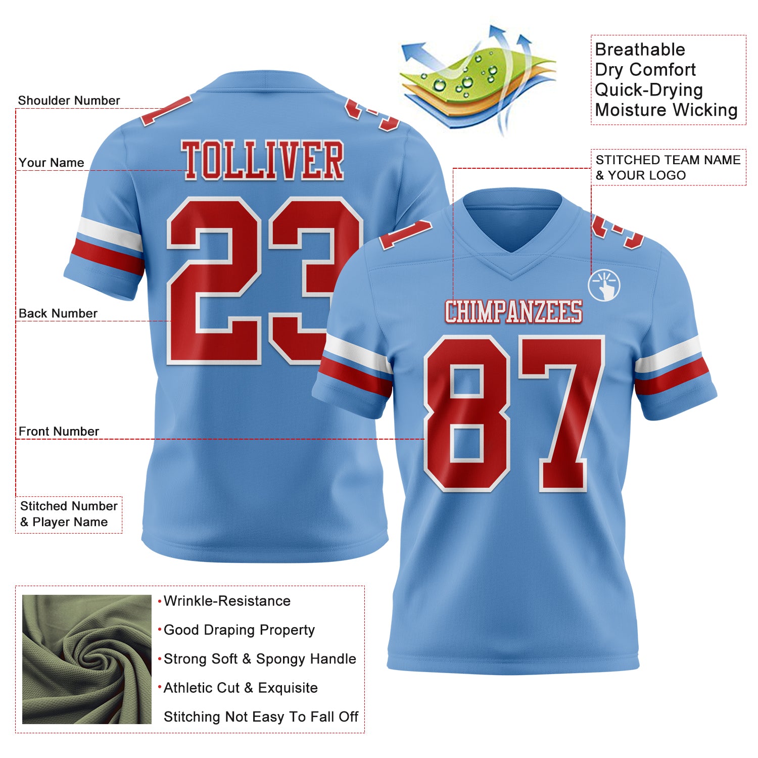 Custom Light Blue Red-White Authentic Football Jersey