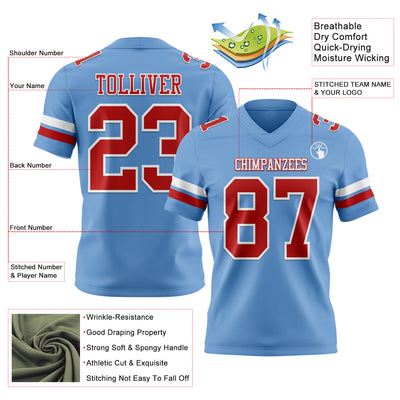 Custom Light Blue Red-White Authentic Football Jersey