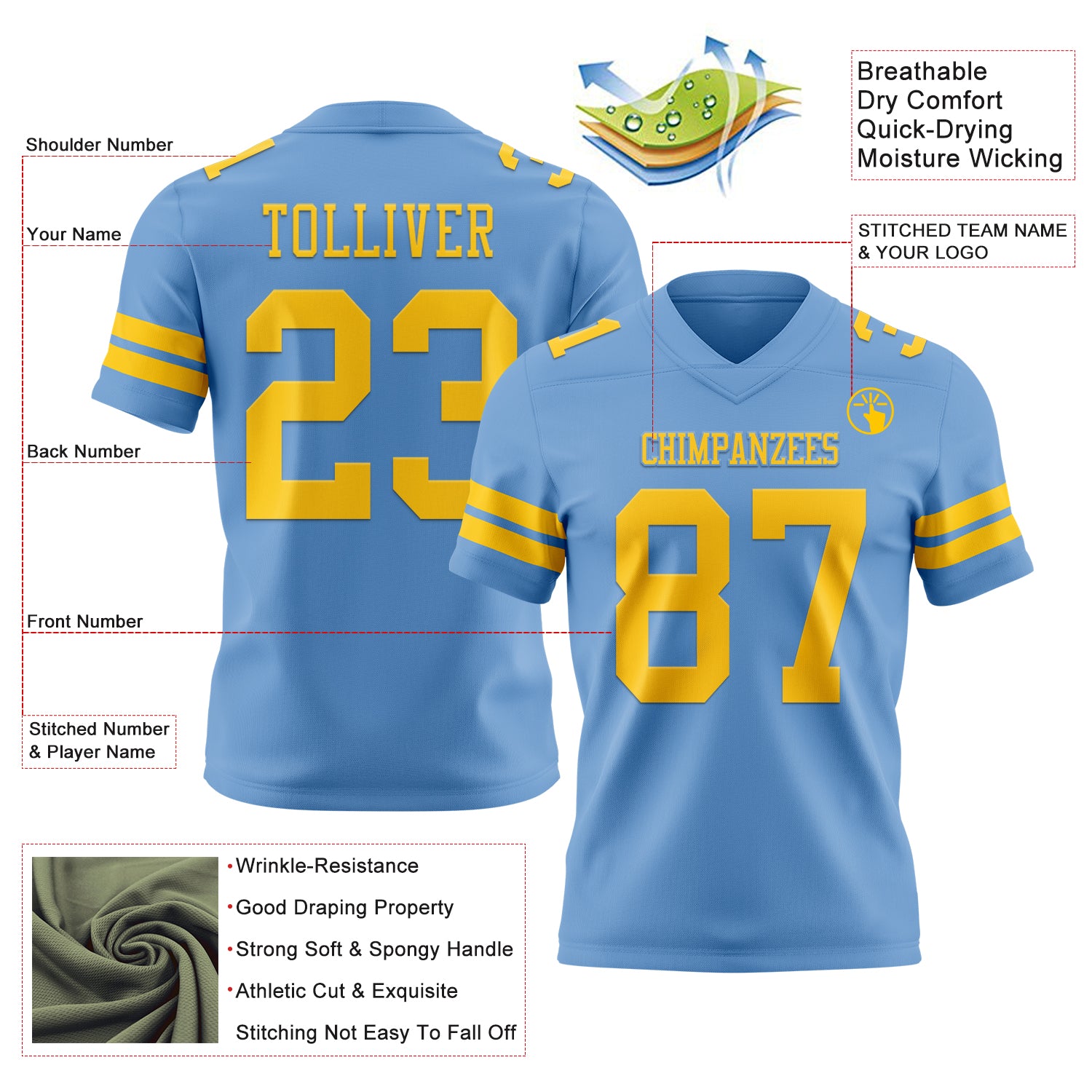 Custom Light Blue Yellow Authentic Football Jersey