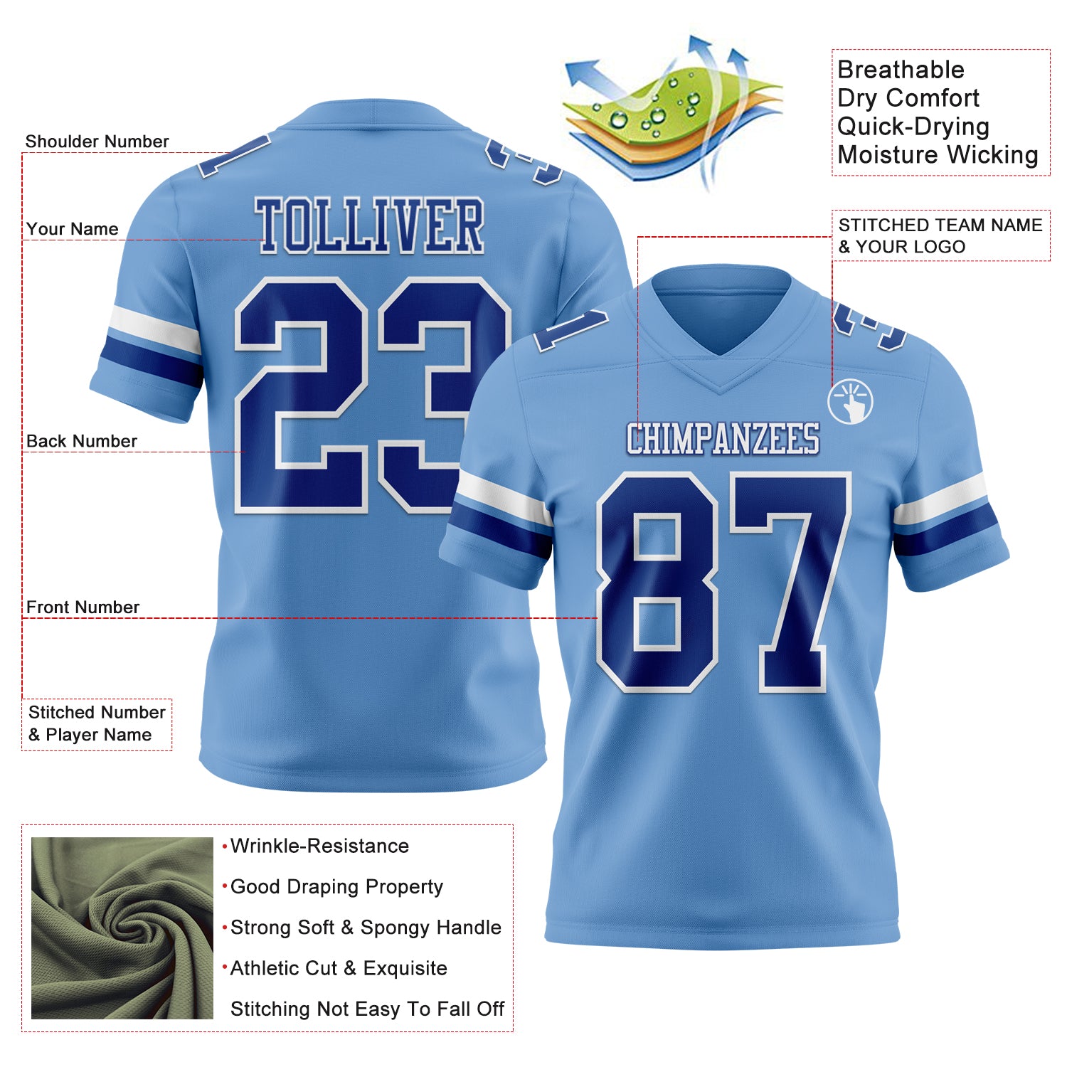 Custom Light Blue Royal-White Authentic Football Jersey