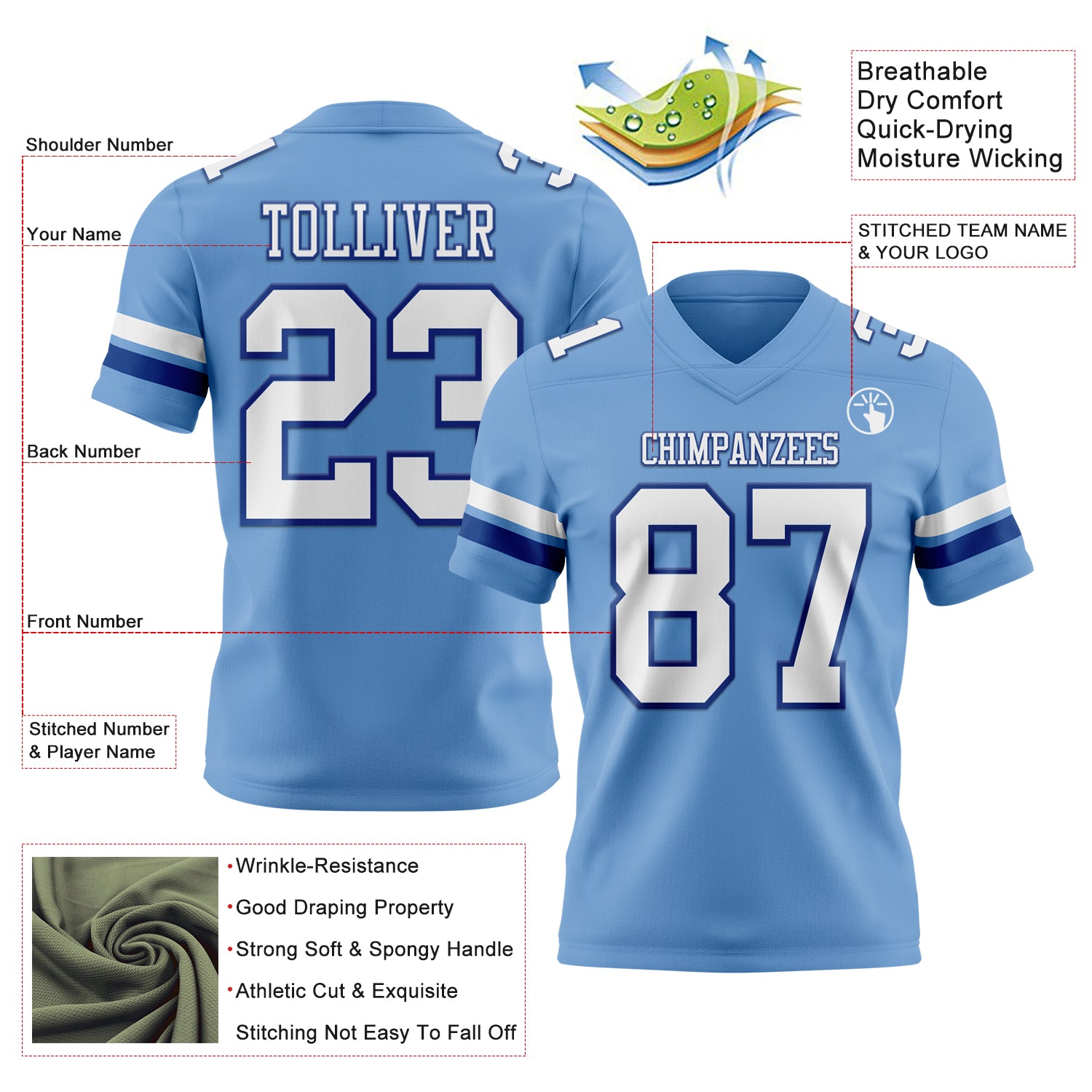 Custom Light Blue White-Royal Authentic Football Jersey