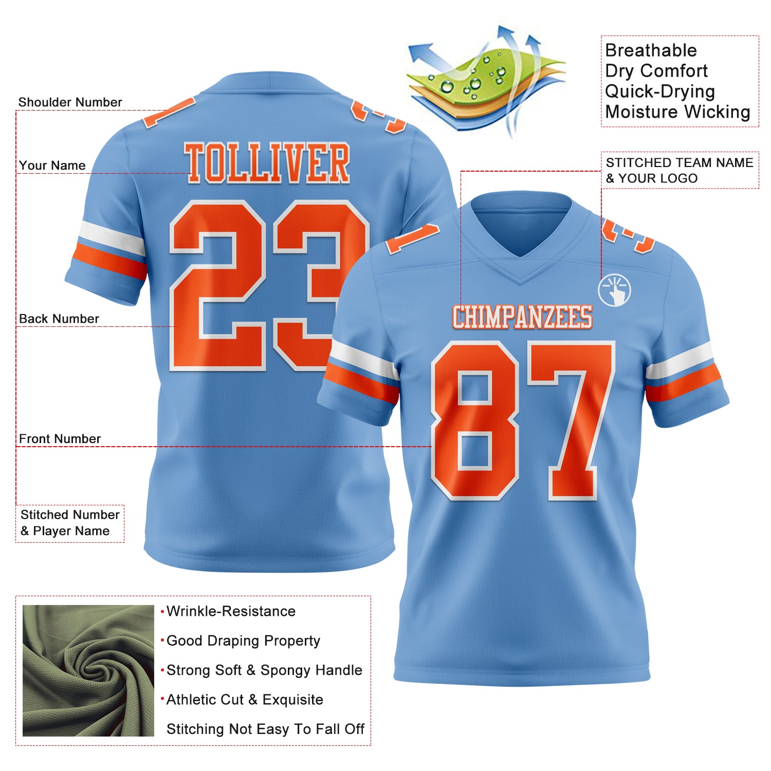 Custom Light Blue Orange-White Authentic Football Jersey