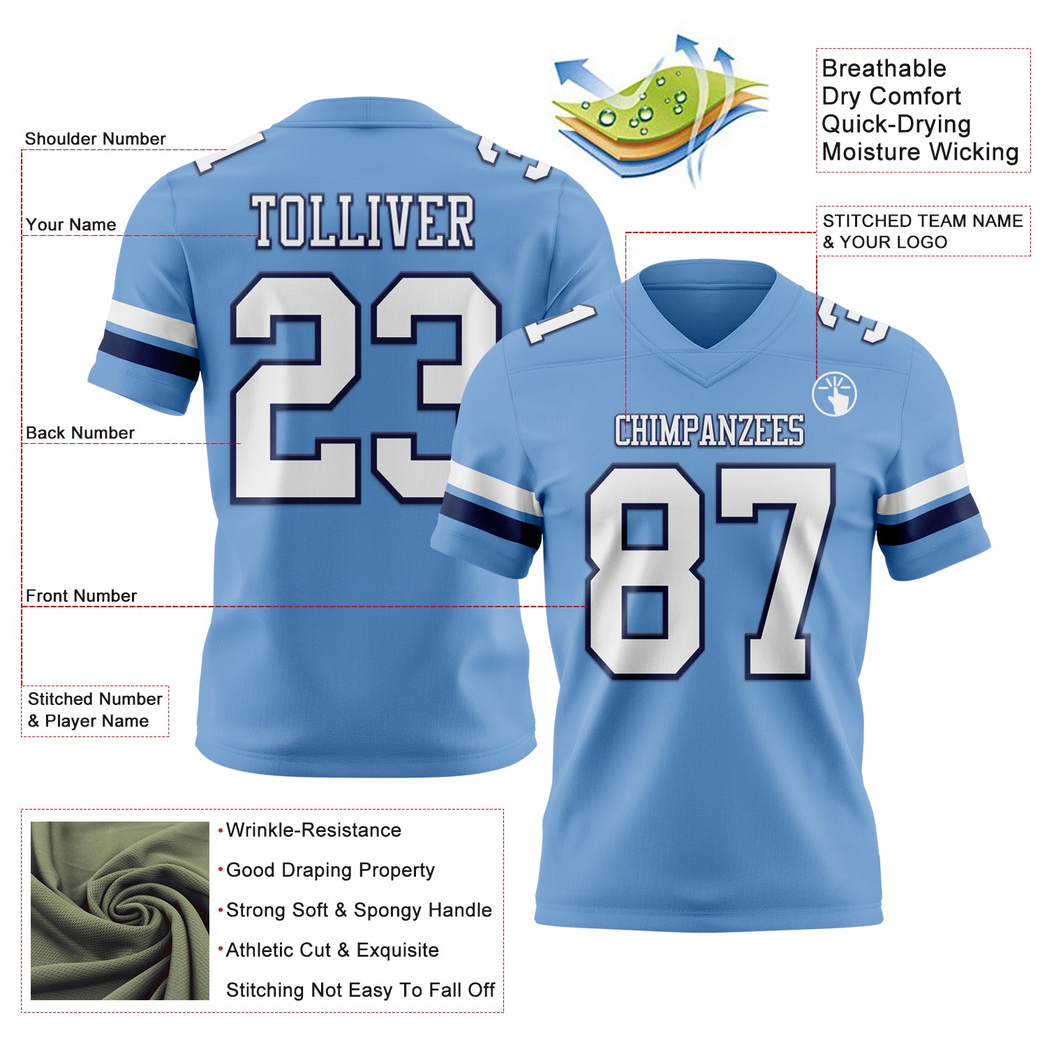Custom Light Blue White-Navy Authentic Football Jersey