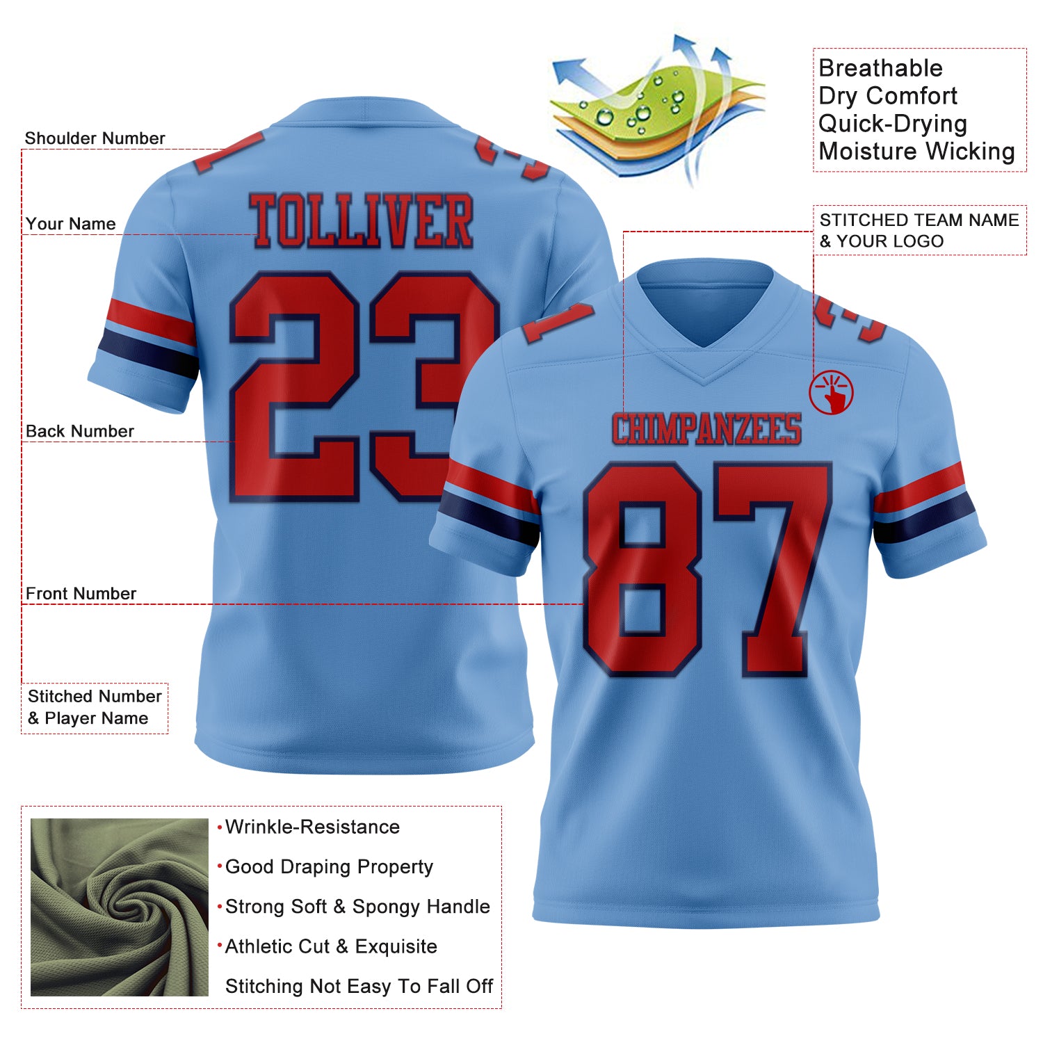 Custom Light Blue Red-Navy Authentic Football Jersey