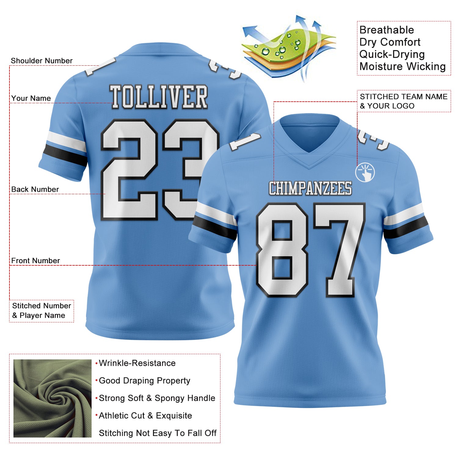 Custom Light Blue White-Black Authentic Football Jersey