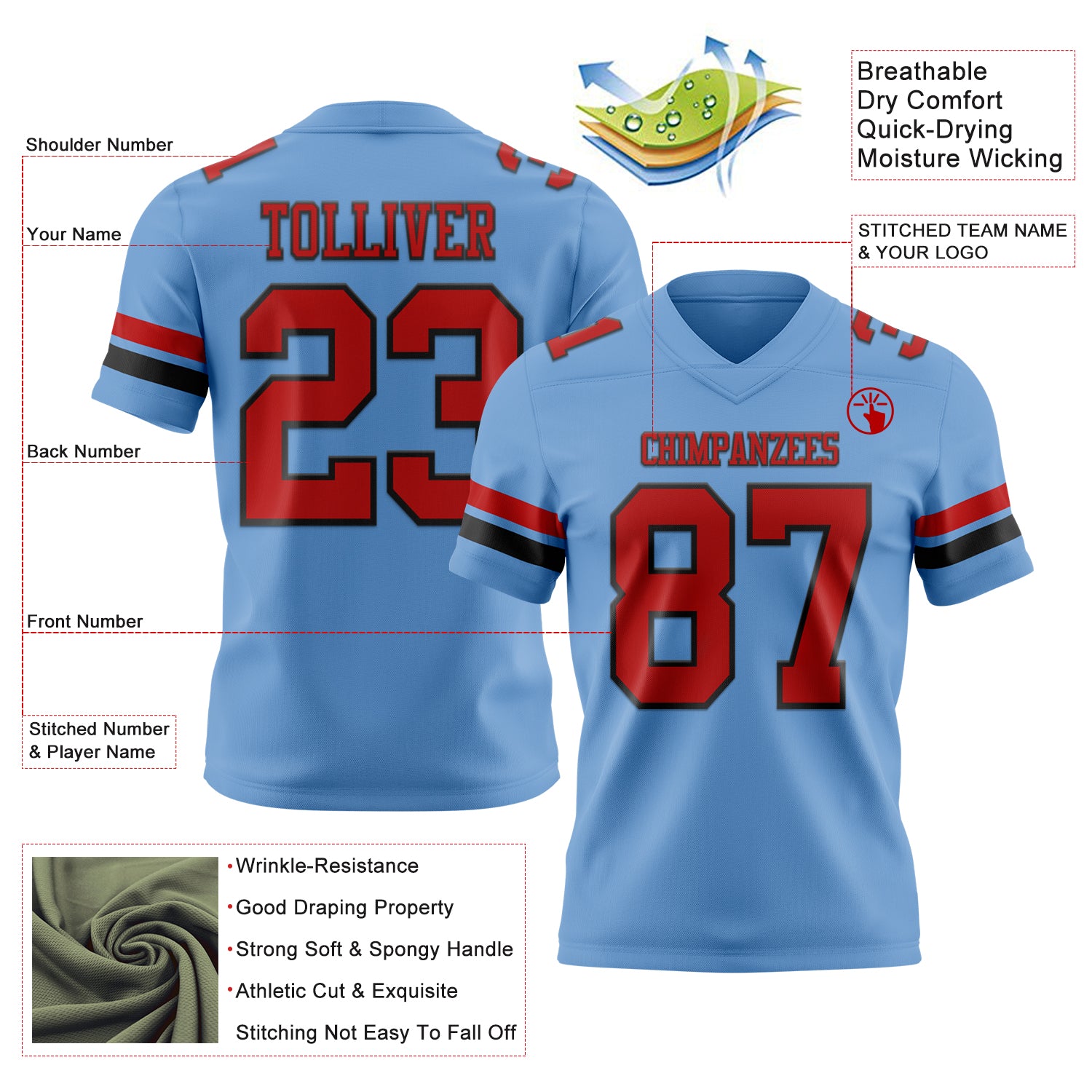 Custom Light Blue Red-Black Authentic Football Jersey