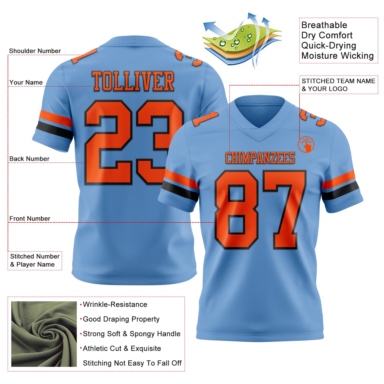 Custom Light Blue Orange-Black Authentic Football Jersey