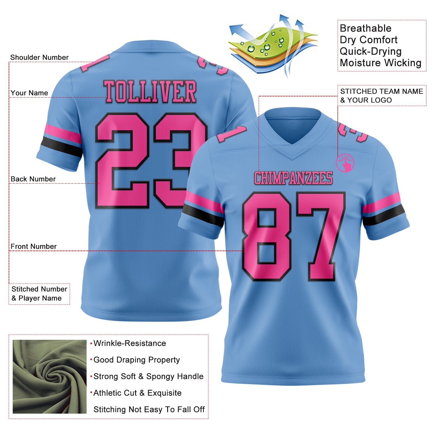 Custom Light Blue Pink-Black Authentic Football Jersey