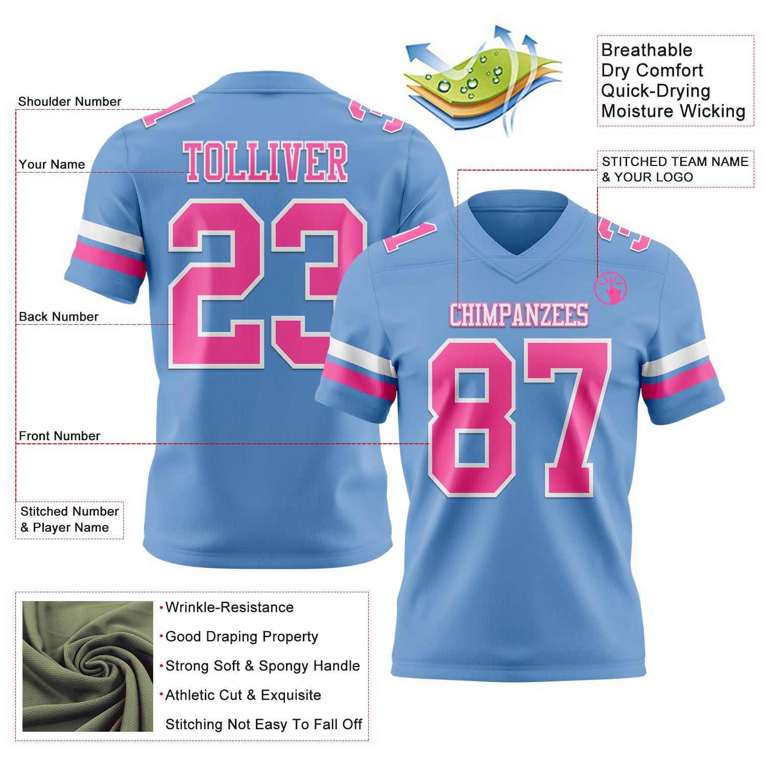 Custom Light Blue Pink-White Authentic Football Jersey