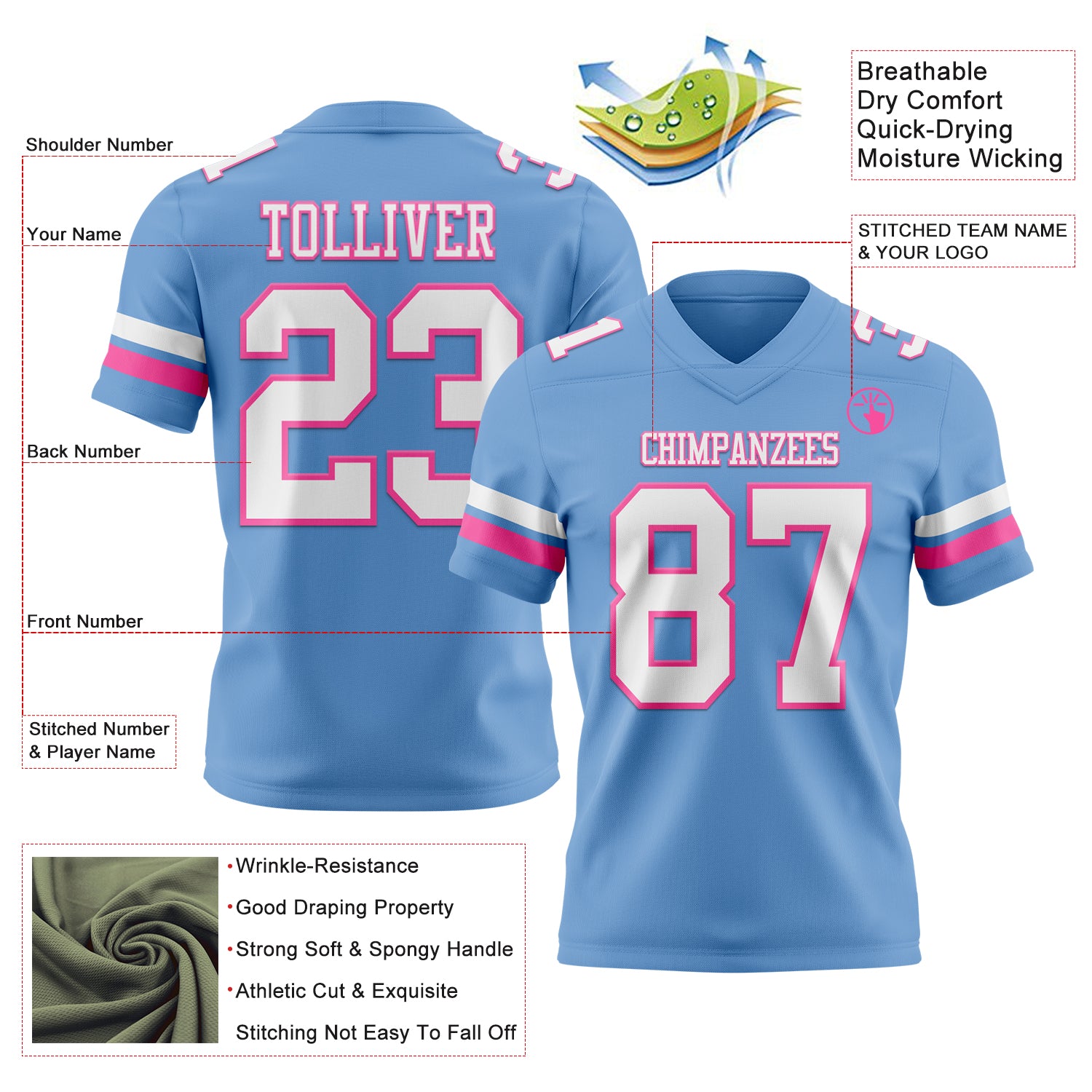 Custom Light Blue White-Pink Authentic Football Jersey