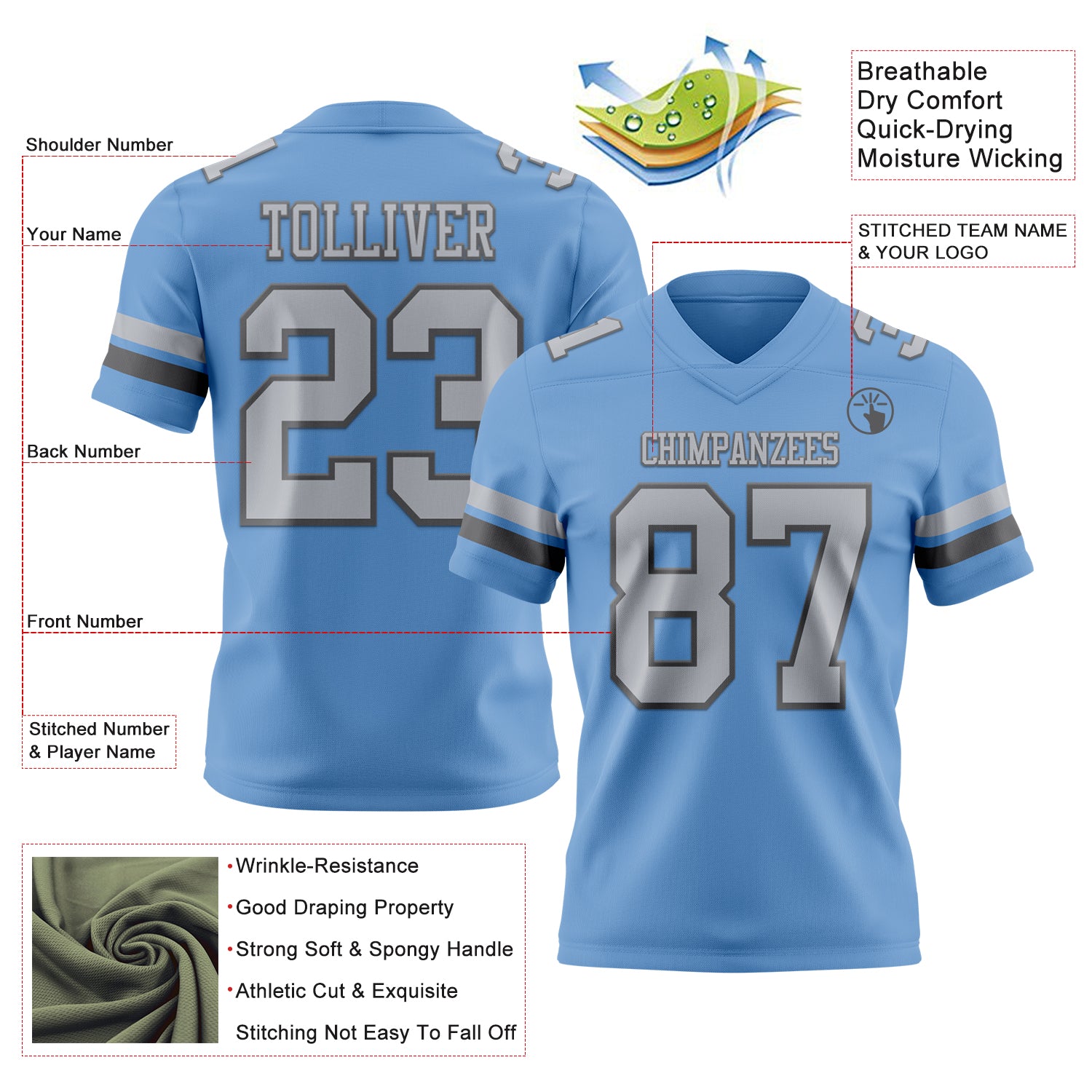 Custom Light Blue Gray-Steel Gray Authentic Football Jersey