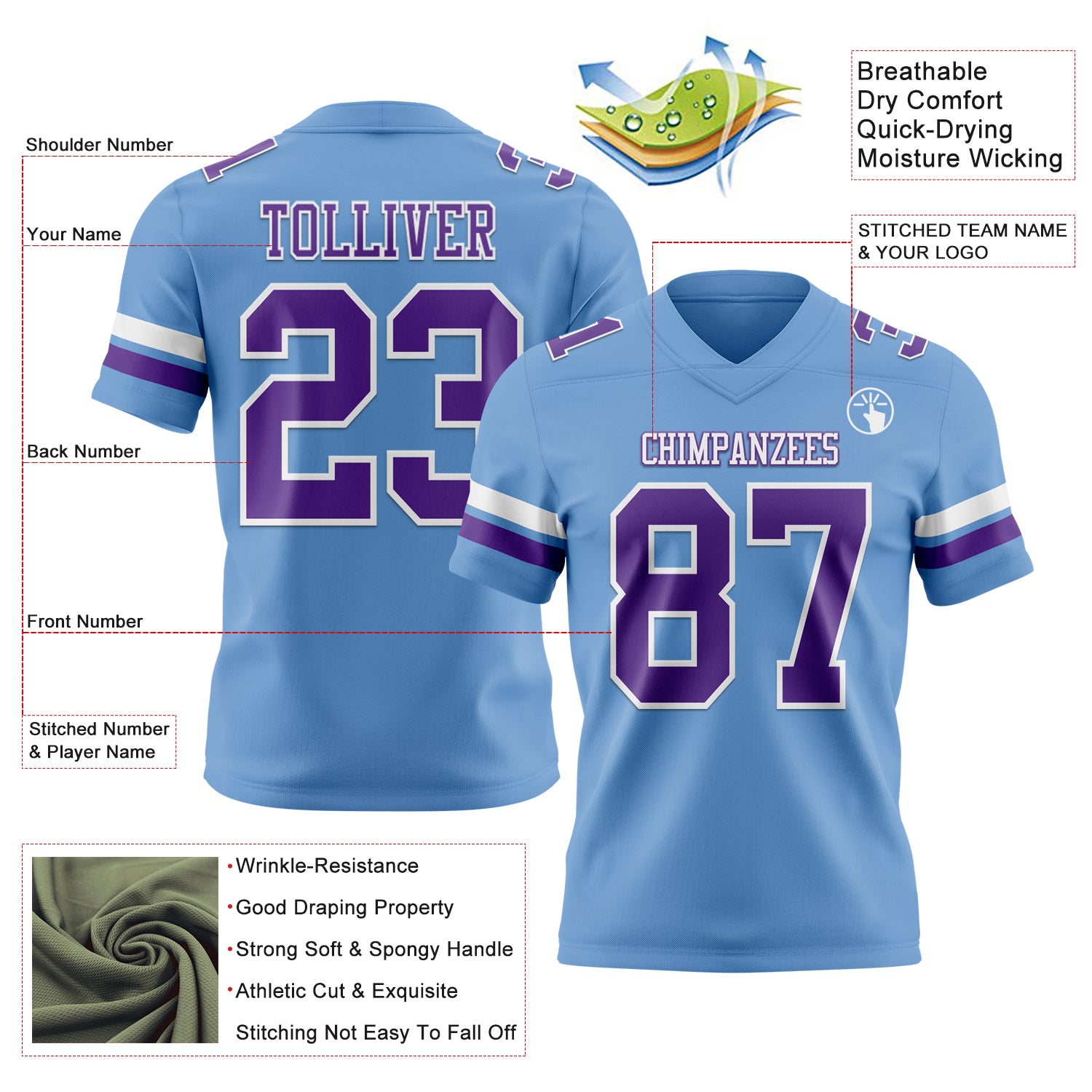 Custom Light Blue Purple-White Authentic Football Jersey