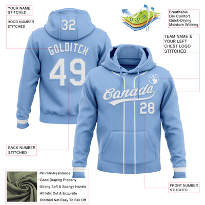 Custom Stitched Light Blue White Baseball Pullover Sweatshirt Hoodie