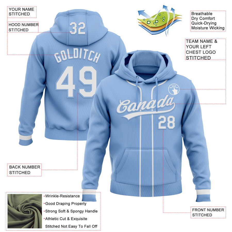 Custom Stitched Light Blue White Baseball Pullover Sweatshirt Hoodie