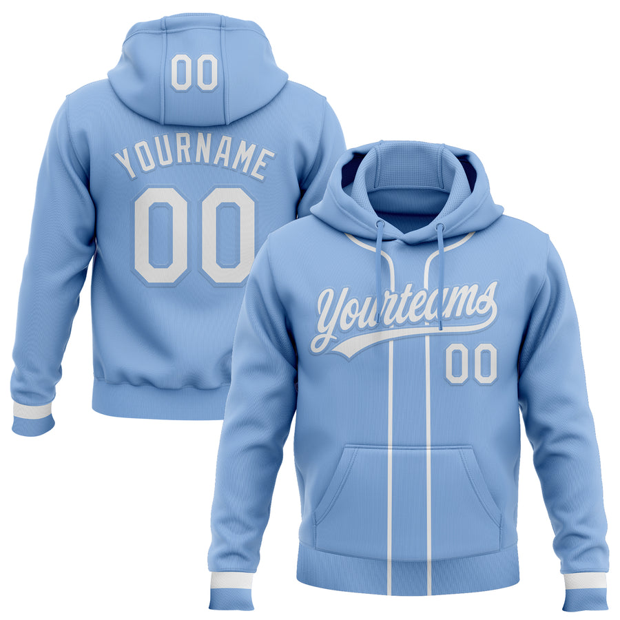 Custom Stitched Light Blue White Baseball Pullover Sweatshirt Hoodie