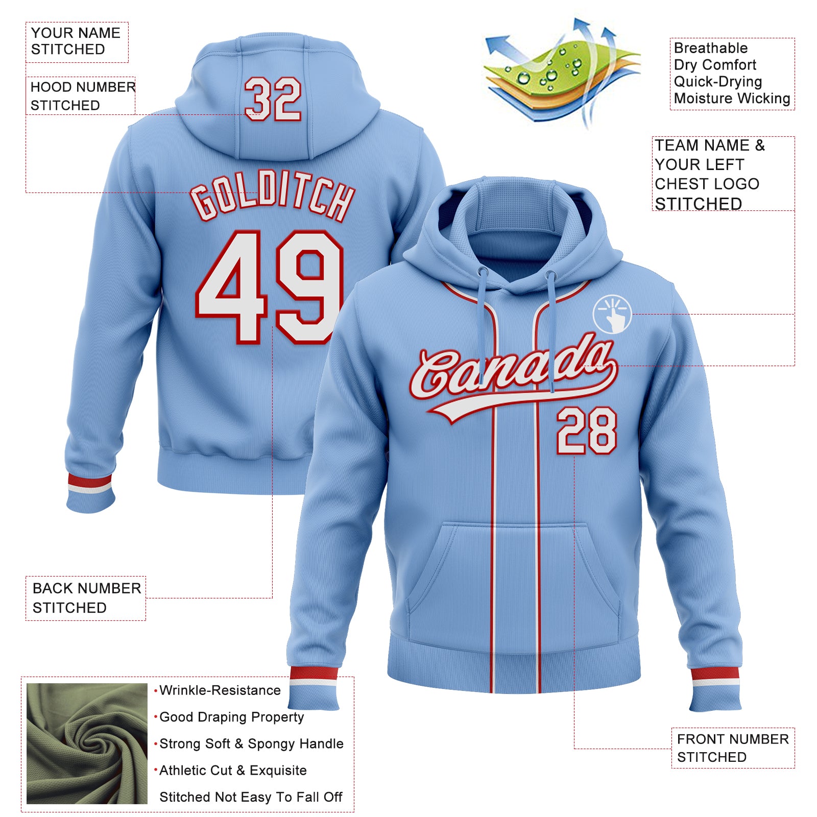 Custom Stitched Light Blue White-Red Baseball Pullover Sweatshirt Hoodie