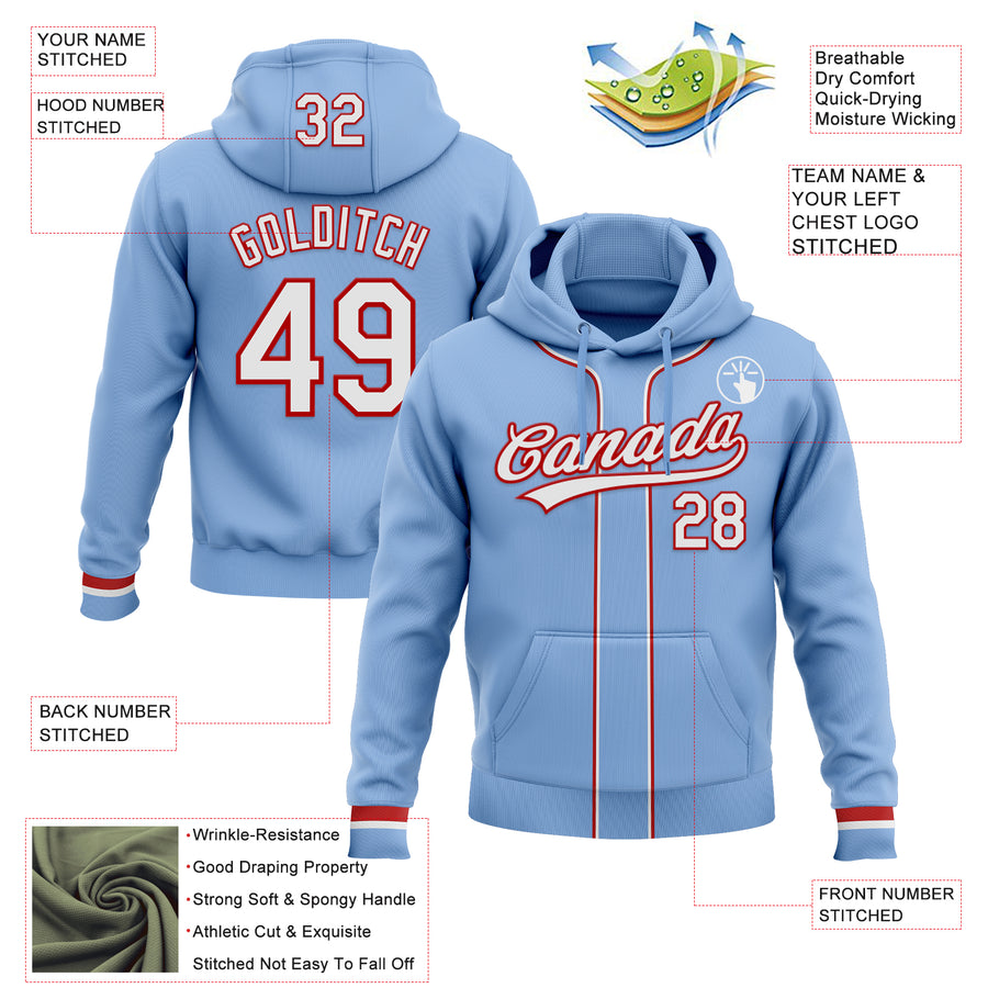 Custom Stitched Light Blue White-Red Baseball Pullover Sweatshirt Hoodie
