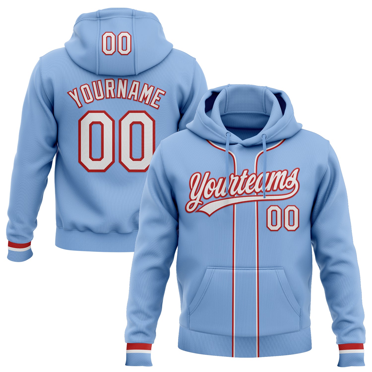 Custom Stitched Light Blue White-Red Baseball Pullover Sweatshirt Hoodie