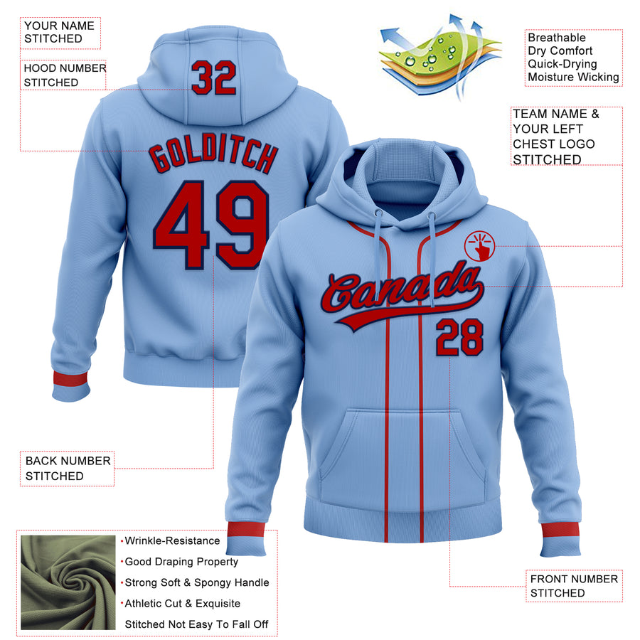 Custom Stitched Light Blue Red-Navy Baseball Pullover Sweatshirt Hoodie