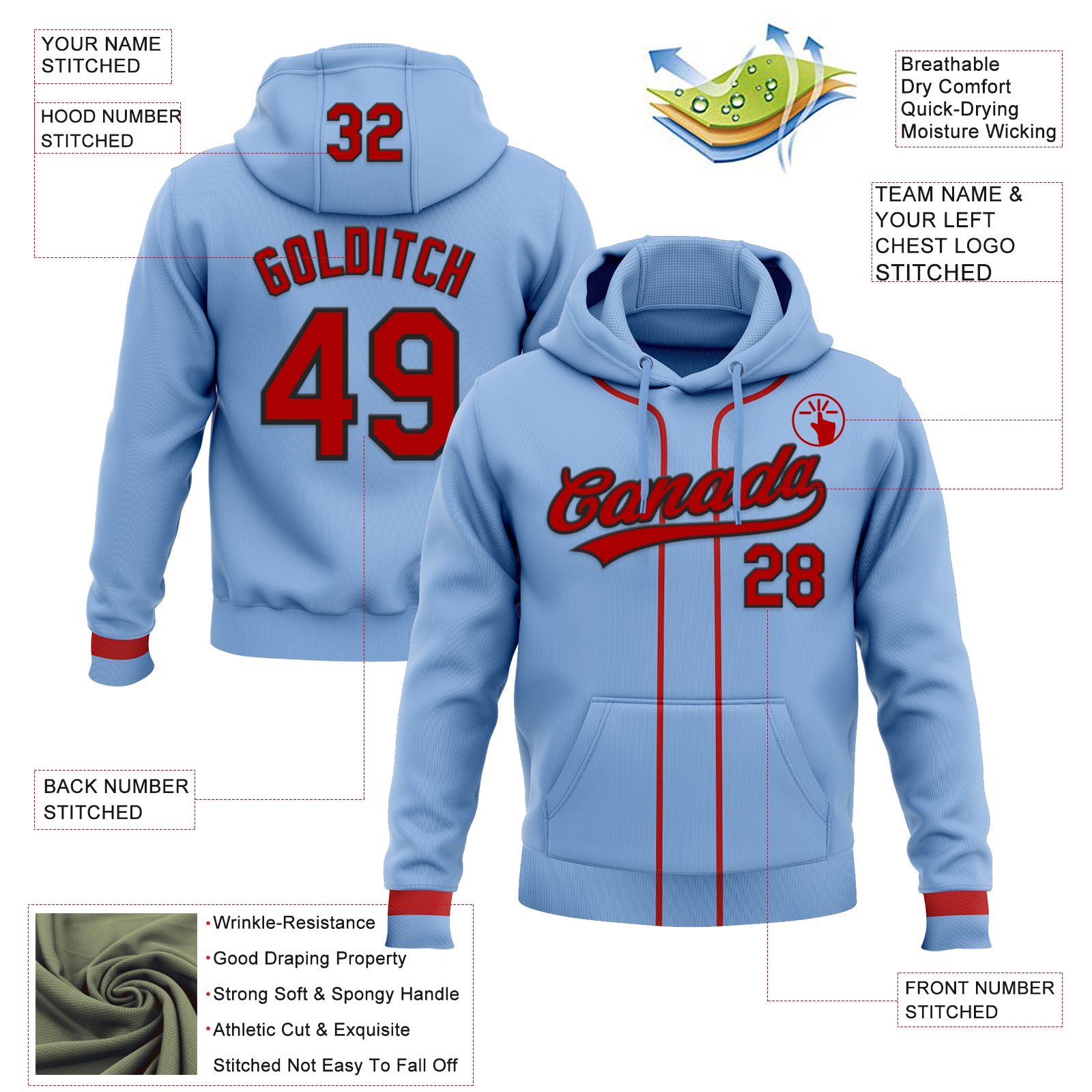 Custom Stitched Light Blue Red-Black Baseball Pullover Sweatshirt Hoodie