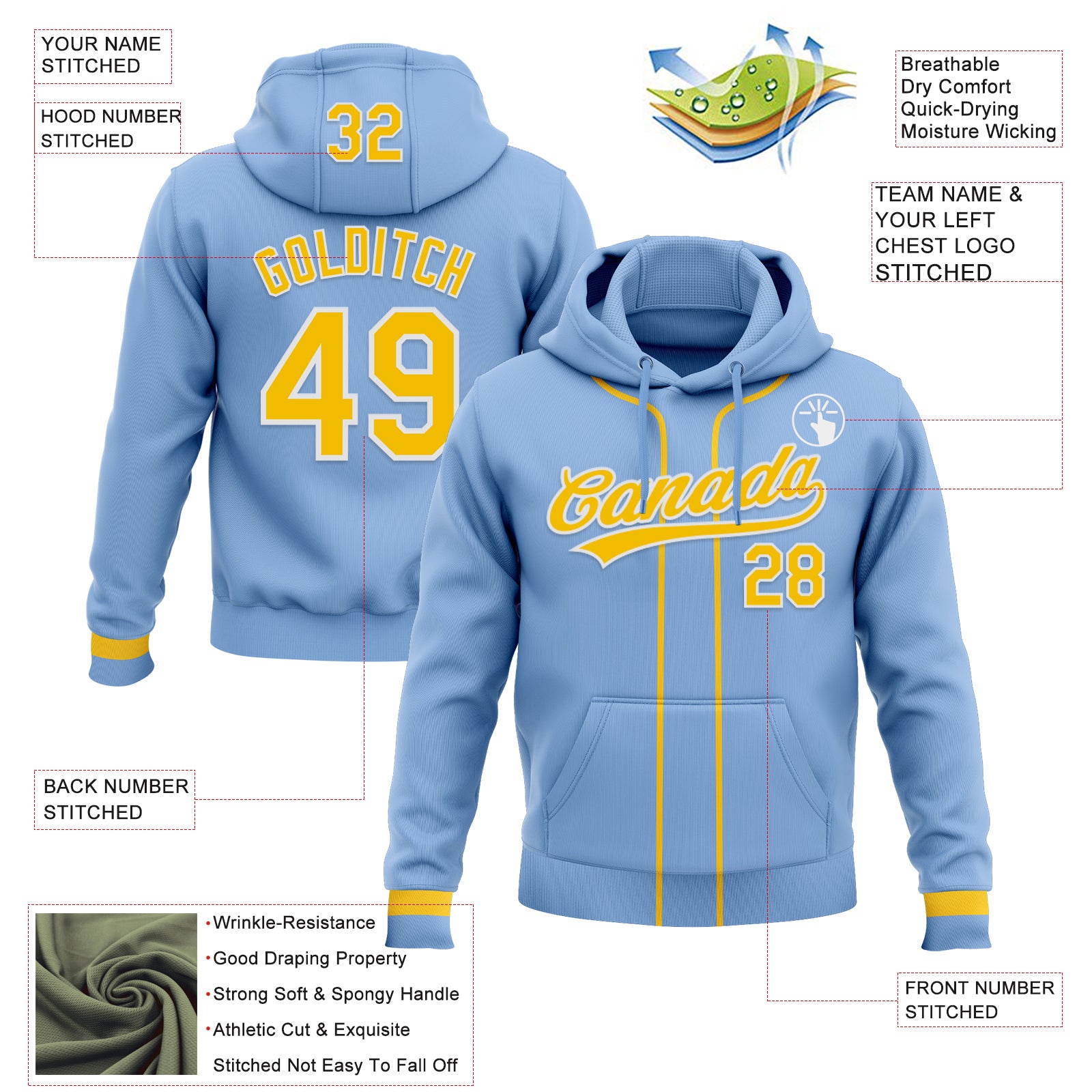 Custom Stitched Light Blue Yellow-White Baseball Pullover Sweatshirt Hoodie