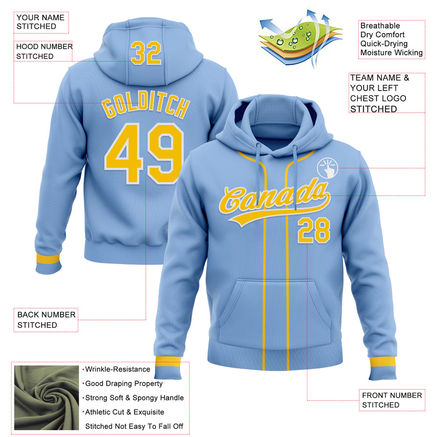 Custom Stitched Light Blue Yellow-White Baseball Pullover Sweatshirt Hoodie