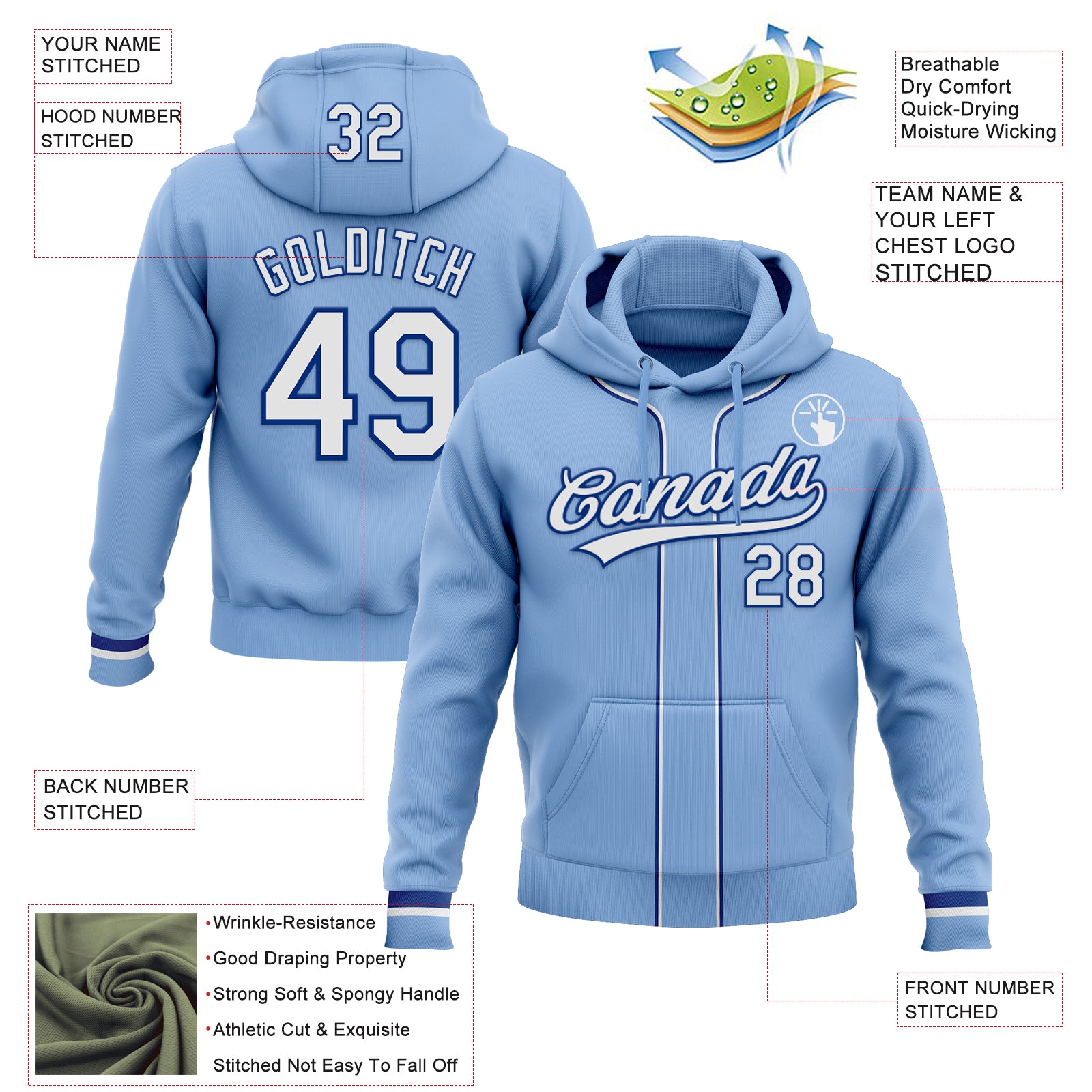 Custom Stitched Light Blue White-Royal Baseball Pullover Sweatshirt Hoodie