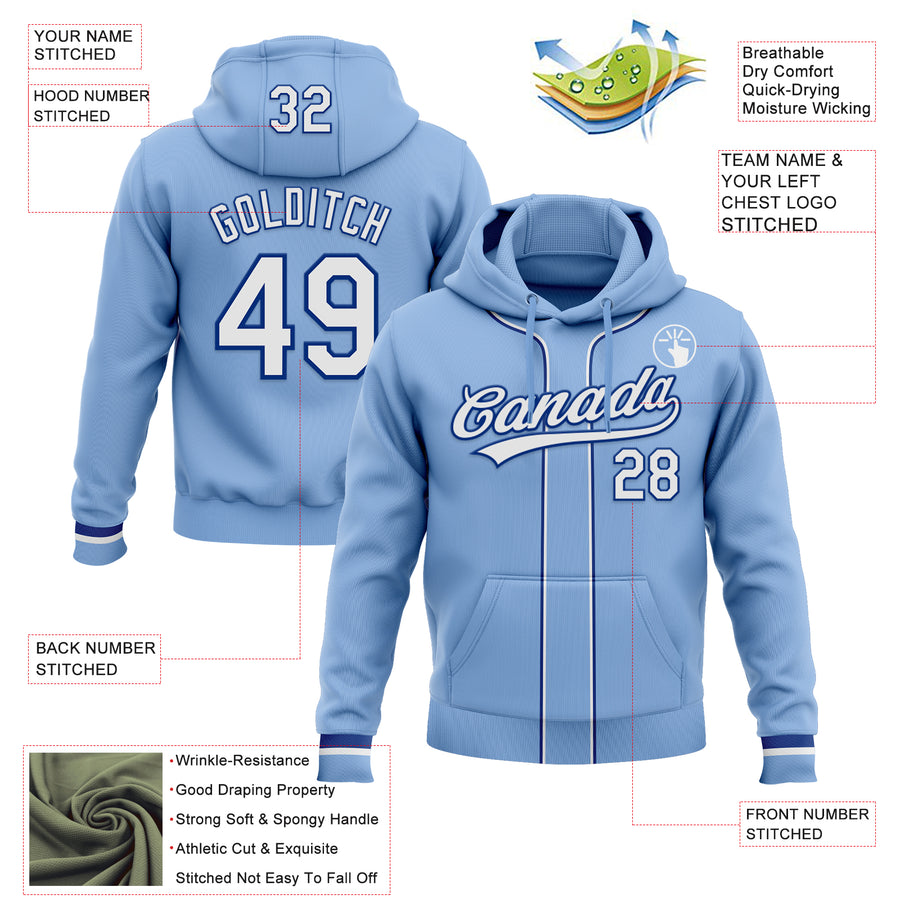 Custom Stitched Light Blue White-Royal Baseball Pullover Sweatshirt Hoodie