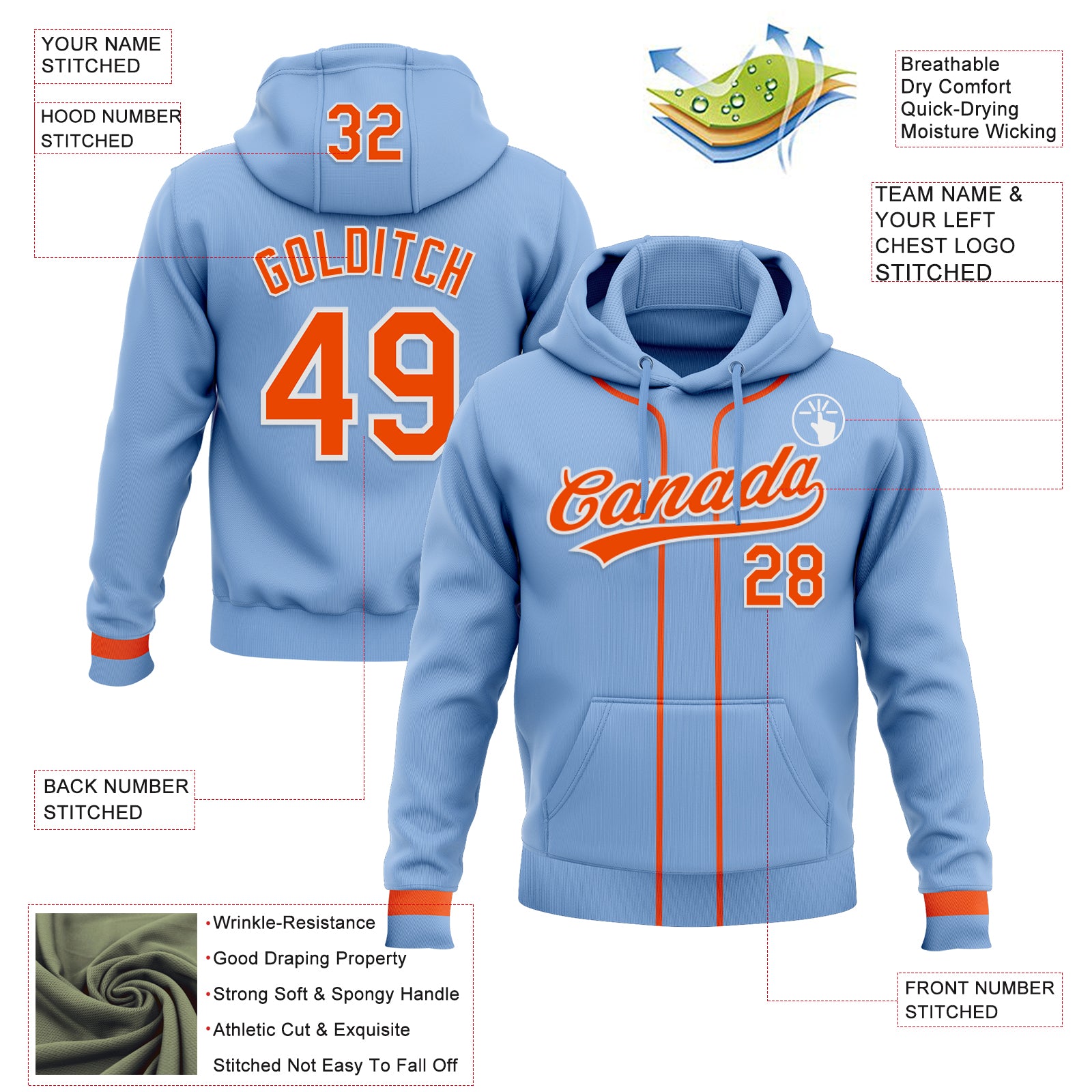 Custom Stitched Light Blue Orange-White Baseball Pullover Sweatshirt Hoodie
