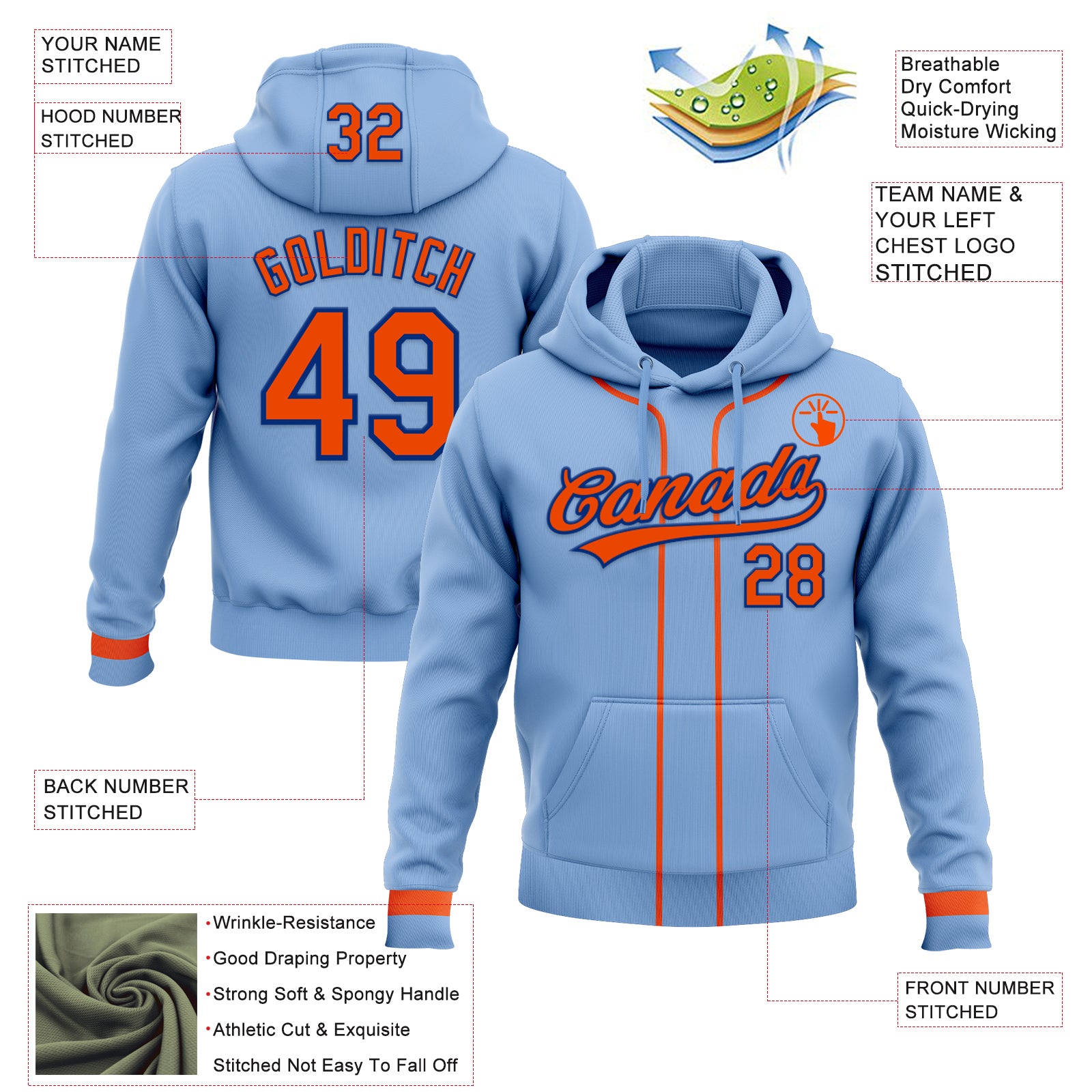 Custom Stitched Light Blue Orange-Royal Baseball Pullover Sweatshirt Hoodie