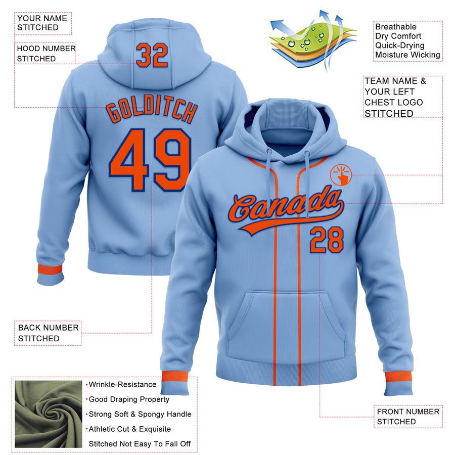 Custom Stitched Light Blue Orange-Royal Baseball Pullover Sweatshirt Hoodie
