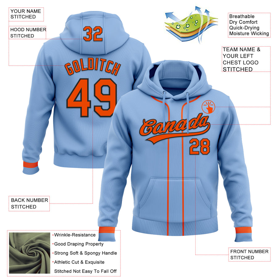 Custom Stitched Light Blue Orange-Black Baseball Pullover Sweatshirt Hoodie