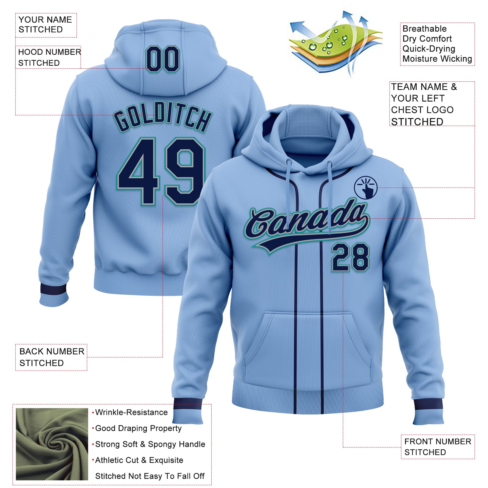Custom Stitched Light Blue Navy Gray-Teal Baseball Pullover Sweatshirt Hoodie