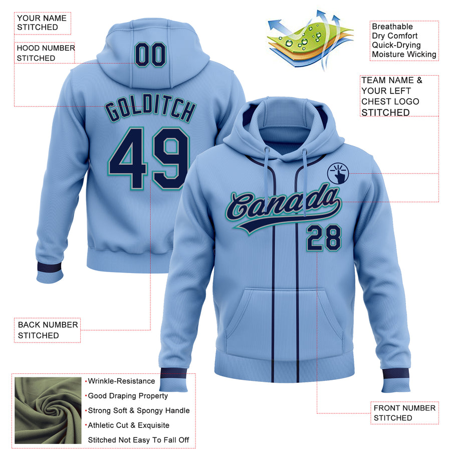 Custom Stitched Light Blue Navy Gray-Teal Baseball Pullover Sweatshirt Hoodie