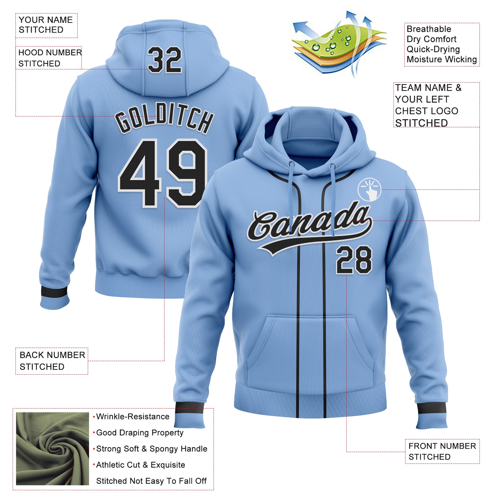 Custom Stitched Light Blue Black-White Baseball Pullover Sweatshirt Hoodie