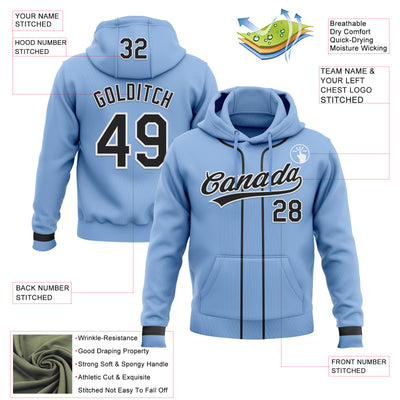 Custom Stitched Light Blue Black-White Baseball Pullover Sweatshirt Hoodie