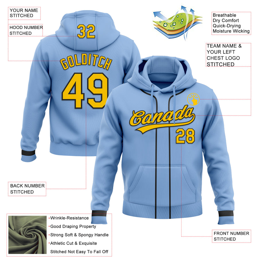 Custom Stitched Light Blue Yellow-Black Baseball Pullover Sweatshirt Hoodie