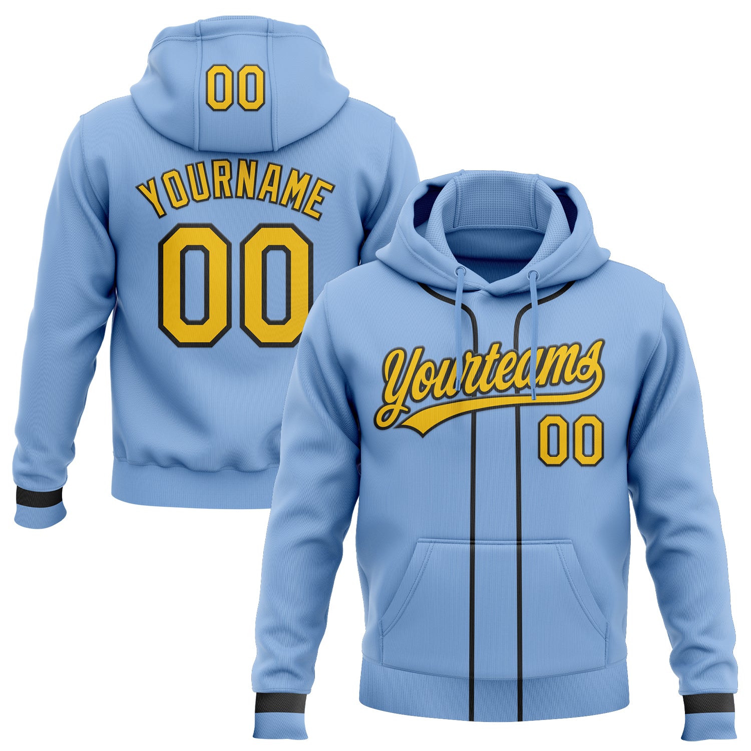 Custom Stitched Light Blue Yellow-Black Baseball Pullover Sweatshirt Hoodie