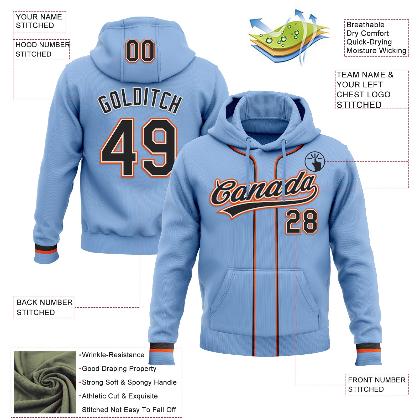Custom Stitched Light Blue Black White-Orange Baseball Pullover Sweatshirt Hoodie