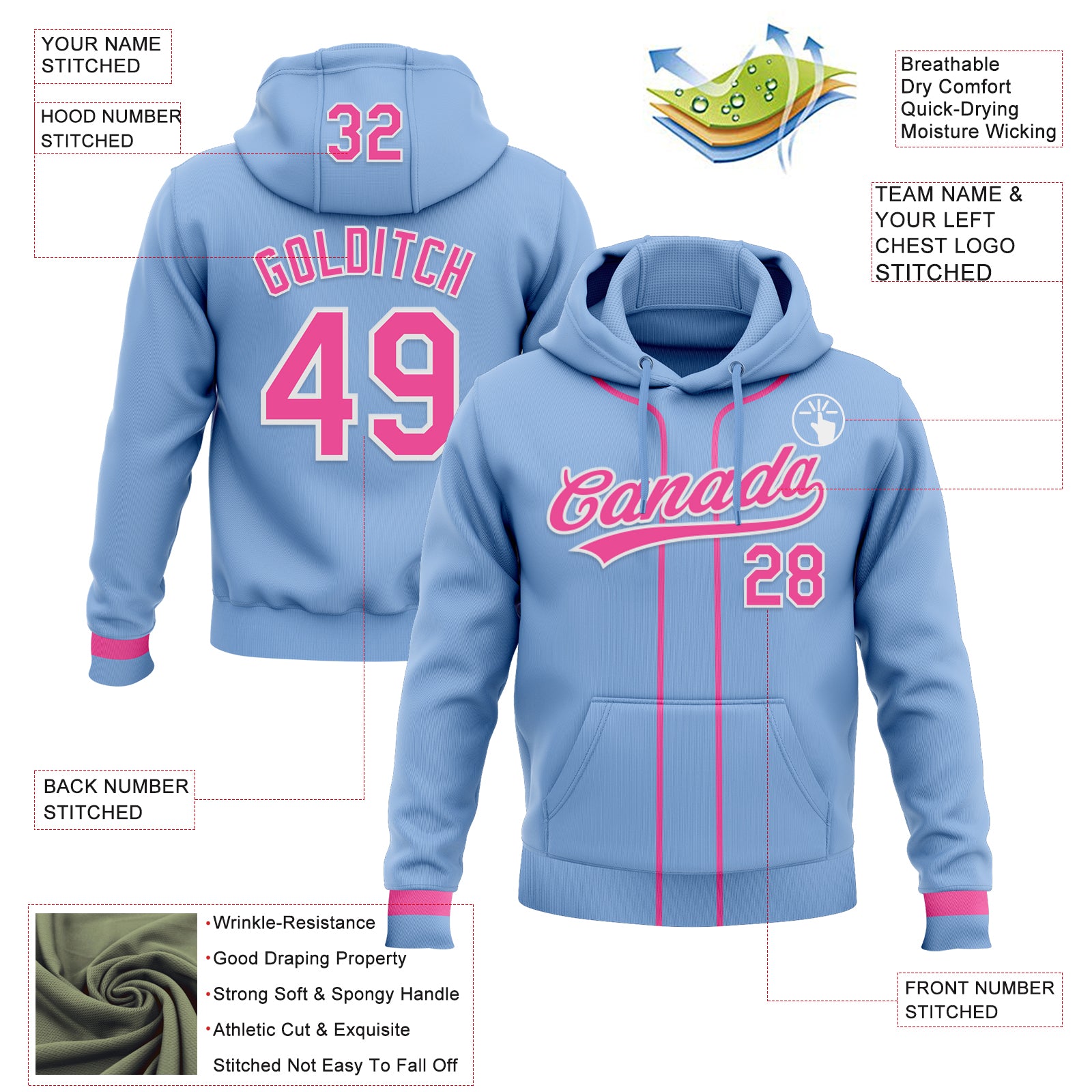 Custom Stitched Light Blue Pink-White Baseball Pullover Sweatshirt Hoodie
