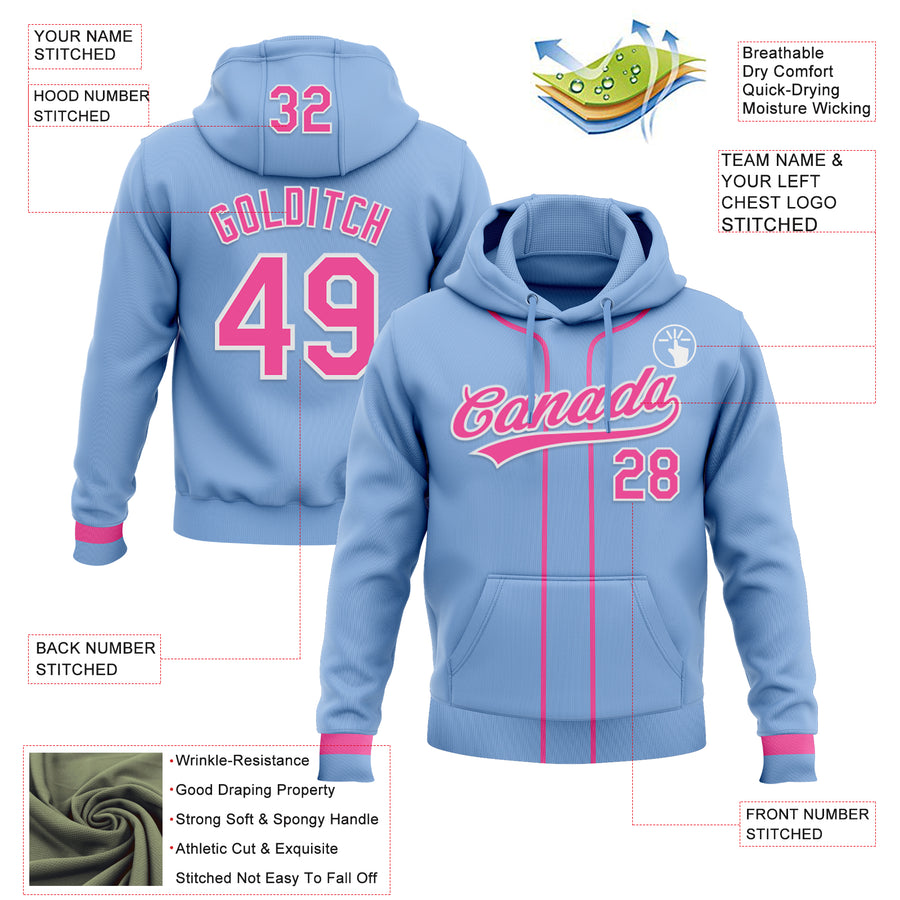 Custom Stitched Light Blue Pink-White Baseball Pullover Sweatshirt Hoodie