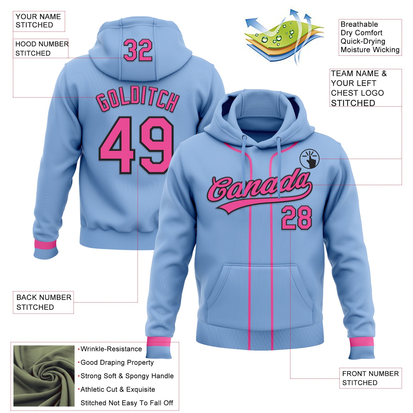 Custom Stitched Light Blue Pink-Black Baseball Pullover Sweatshirt Hoodie